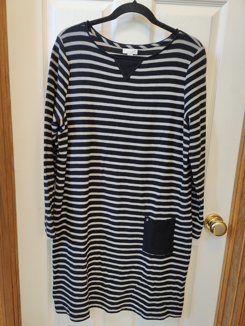 J. Jill Large Knit Dress Long Sleeve Black Gray Striped Knee Length Cotton